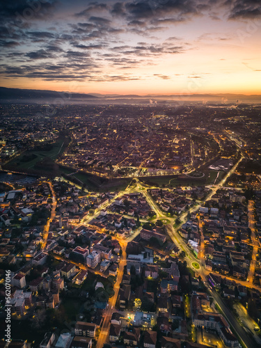 Lucca at dawn seen from the sky