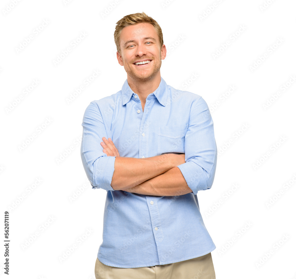 PNG of a handsome young model posing with his arms folded in studio. Confident happy caucasian man standing with arms crossed isolated on a PNG background. - obrazy, fototapety, plakaty 
