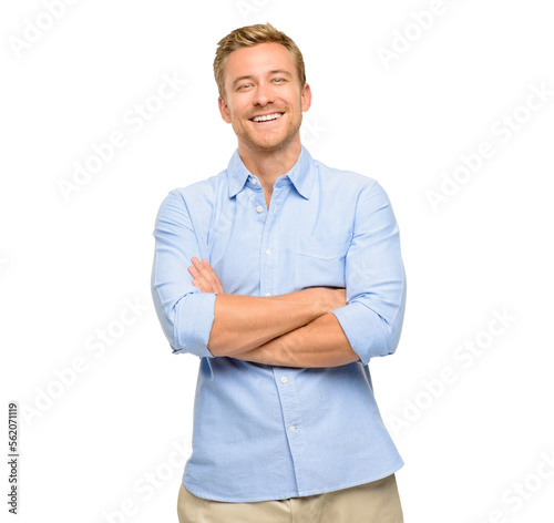 Fotografiet PNG of a handsome young model posing with his arms folded in studio