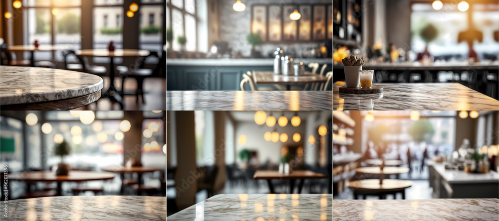 Marble table top restaurant background collection, used for display, illustration generative ai