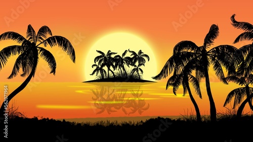 Palm trees silhouette on sea background in sun set - 3D Illustration © sabida