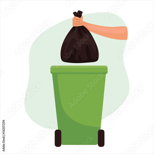 Hands holding garbage bags and trash bins, recycled icons, with a blue background flat design vector illustration,