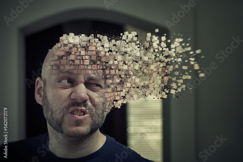 Photography portrait of a man, his head explodes into 3d pixels