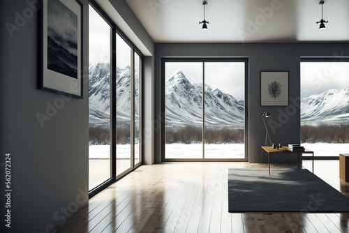 Modern minimalistic comfortable interior with a winter view through large windows. Viewing the snow covered mountains outside. Generative AI