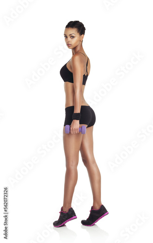 Wellness, studio portrait and woman with dumbbell exercise for fitness goals, weight loss diet or bodybuilding. Strong body health, arm workout and training athlete girl isolated on white background