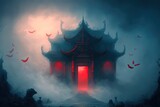 Chinese traditional entrance building , The gate to spirit and demon world region, Generative Ai