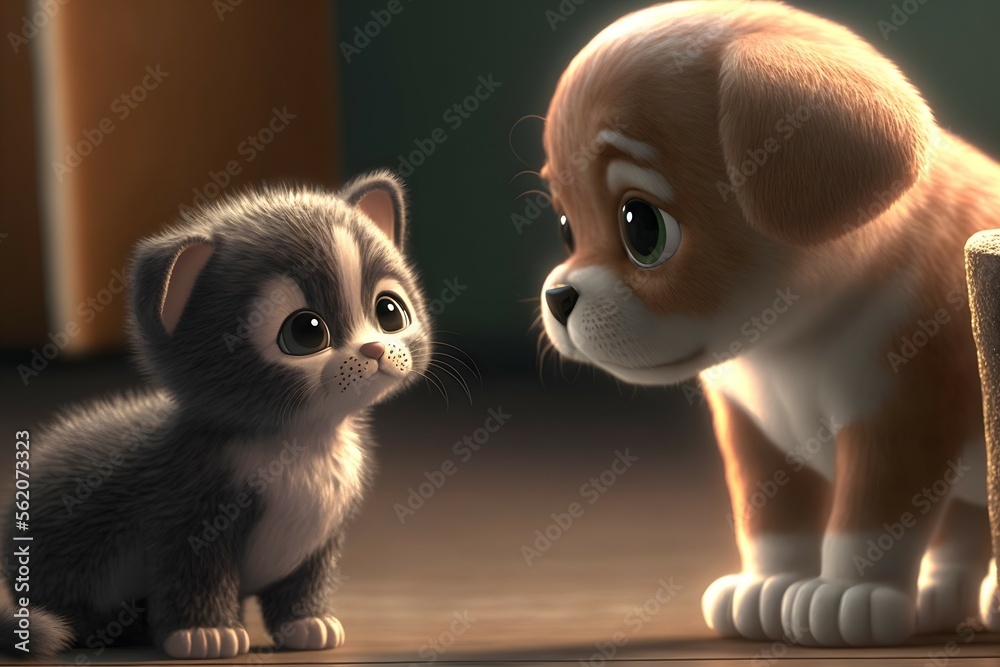 Cute puppy and kitten looking together.Ai generated