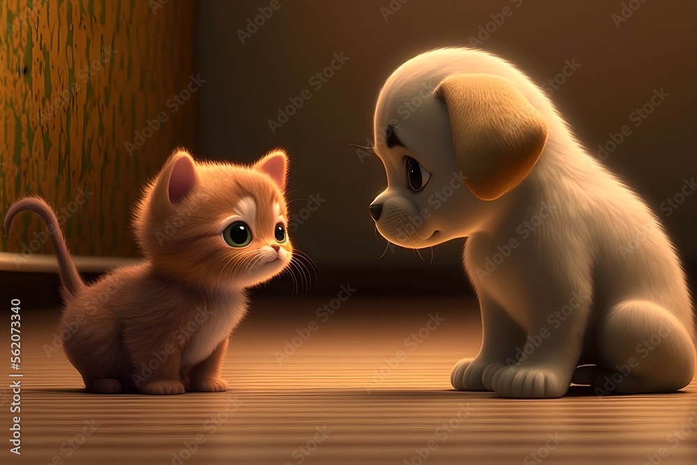 Cute puppy and kitten looking together.Ai generated Cute puppy and kitten looking together.Ai generated