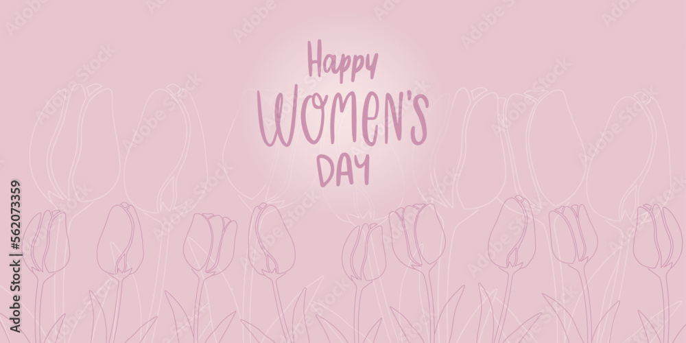 Happy women's day. International Women's Day banner with tulip decor and text on pink background. Modern minimalist poster with spring flowers. Vector illustration.