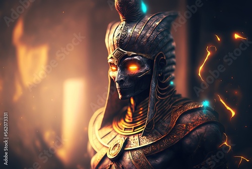 ancient Egyptian soldier corpse body with light glow on eyes energy emerge drifting out from behind, artwork with copy space, idea for ghostly and mystery background or wallpaper, Generative Ai