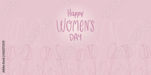 Happy women's day. International Women's Day banner with tulip decor and text on pink background. Modern minimalist poster with spring flowers. Vector illustration.