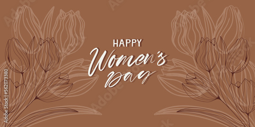 Happy women's day. International Women's Day banner with tulip decor and white text on brown background. Modern minimalist poster with spring flowers. Vector illustration