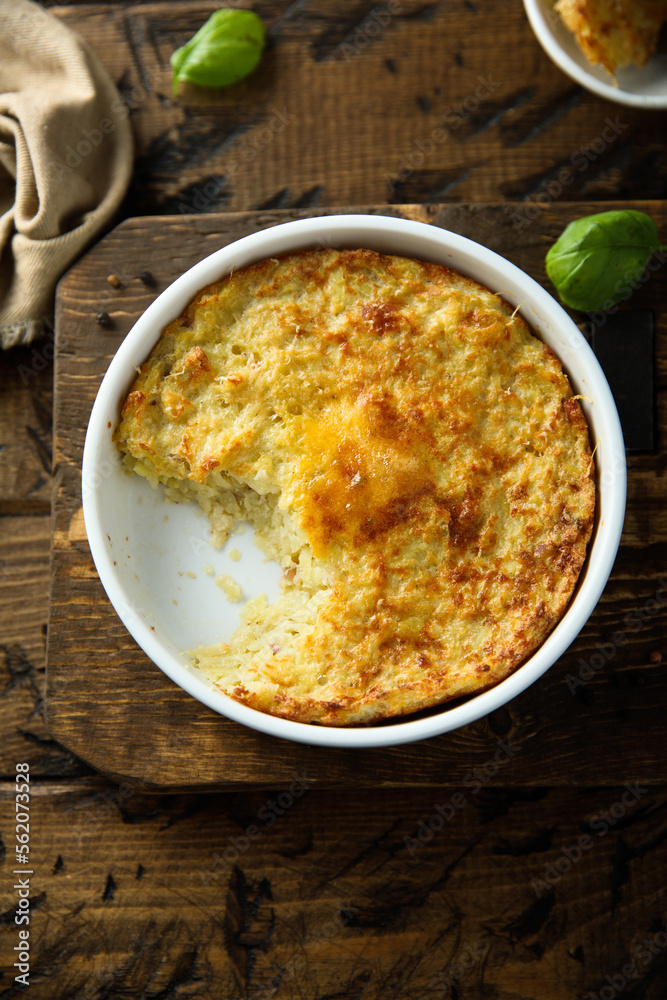 Homemade potato souffle with egg yolks Homemade potato souffle with egg yolks