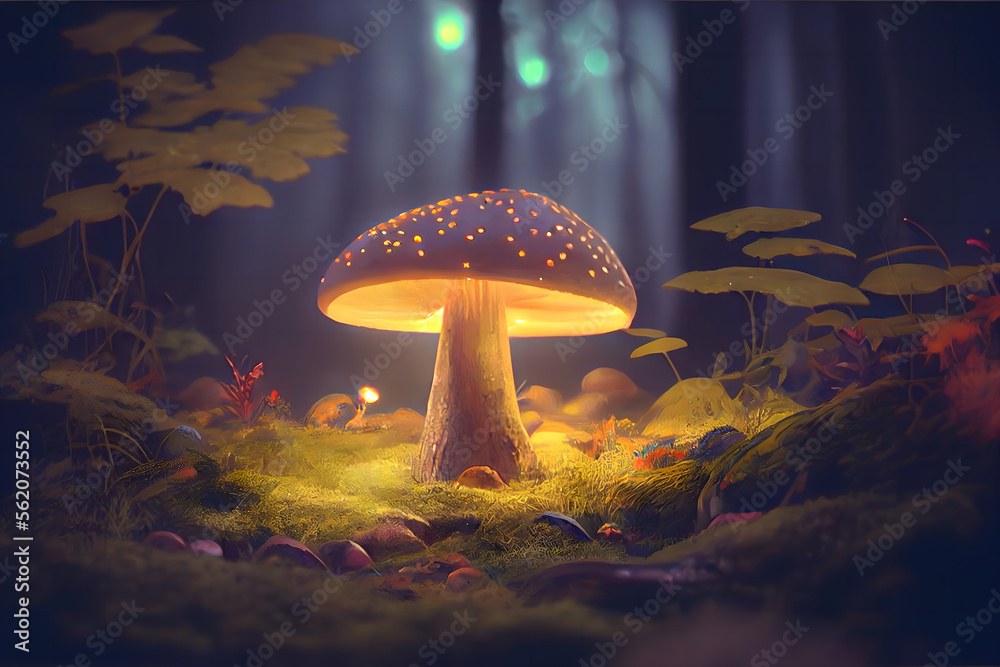 Fototapeta premium Fantasy Mushroom Light Wallpaper in the Jungle Background
