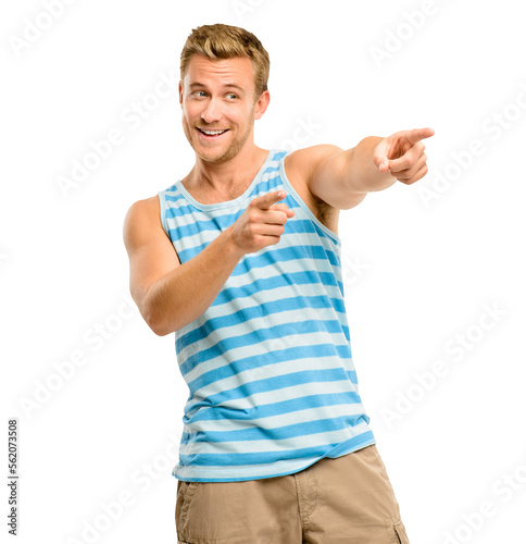 A handsome young man standing alone in the studio and pointing isolated on a PNG background.