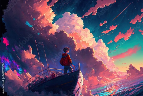 anime style illustration of a boy on boat looking up to the sky full of colorful cloud, idea for hope and dream them background wallpaper, Generative Ai © QuietWord