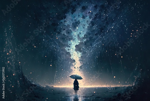 one person walking on beach under starry sky , idea of some time in your life journey it's wet cold and  dark but some flicker light of happiness will guide you on the way, Generative Ai