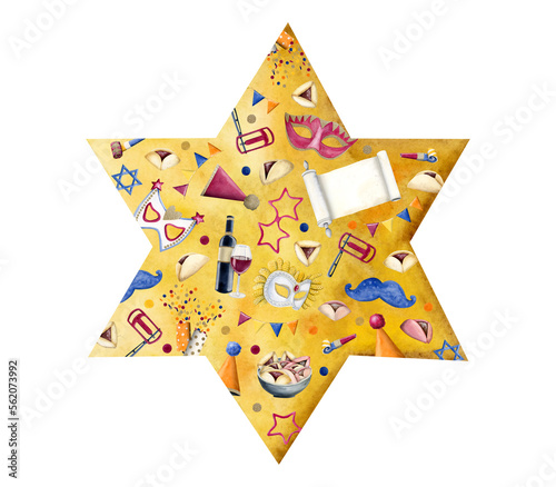 Watercolor Purim symbols on bright yellow Jewish star of David  masks  raashan  hamantaschen  scroll for poster  card