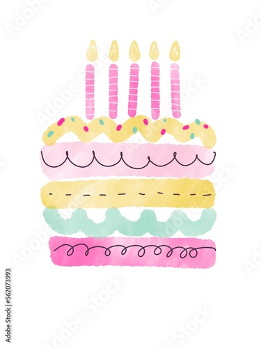 Happy birthday cake painted in watercolor isolated on white background