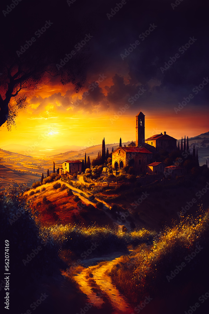 A painting of a Tuscany landscape with a picturesque village nestled in the hills