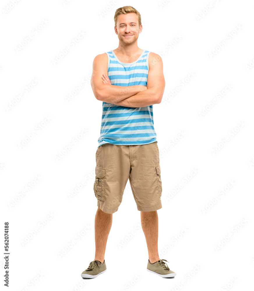 A Handsome young model posing with his arms folded. Fullbody confident happy caucasian man standing with arms crossed isolated on a PNG background. A Handsome young model posing with his arms folded. Fullbody confident happy caucasian man standing with arms crossed isolated on a PNG background.