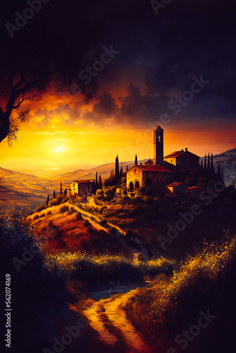 A painting of a Tuscany landscape with a picturesque village nestled in the hills