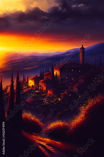 A painting of a Tuscany landscape with a picturesque village nestled in the hills