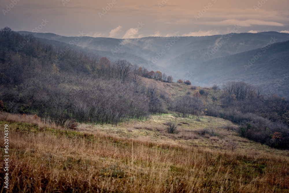 Dry grass field and hills in cloudy weather with heavy sky. Beautiful foggy landscape