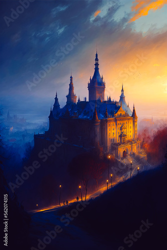 An oil on canvas painting of the Lviv High Castle, showcasing the city's rich history and stunning views from atop the hill.