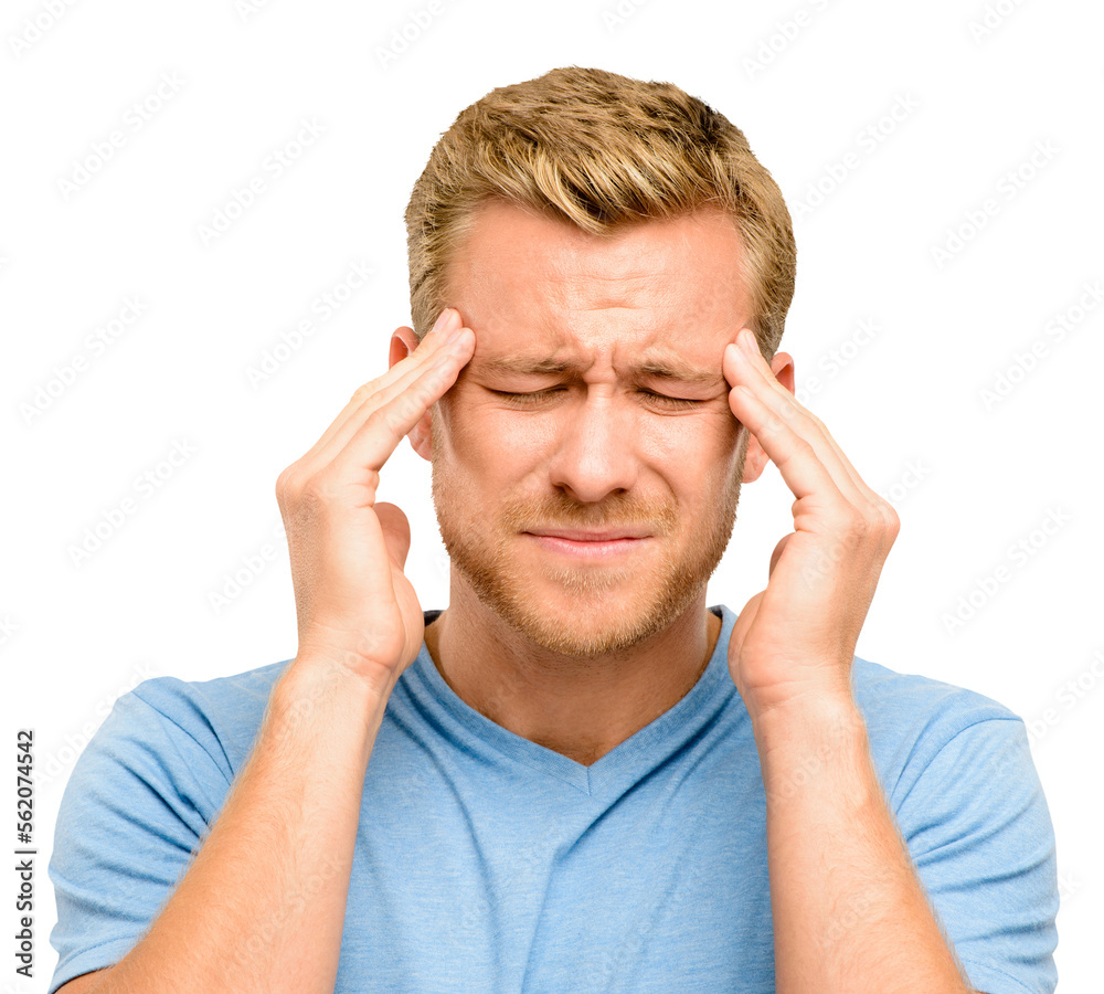 A handsome young man standing alone in the studio and suffering from a headache isolated on a PNG background. A handsome young man standing alone in the studio and suffering from a headache isolated on a PNG background.