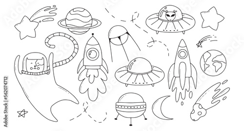 Childrens space set. Space elements collection  moon  astronaut  stars  rocket. Vector illustration in doodle style.Line style.