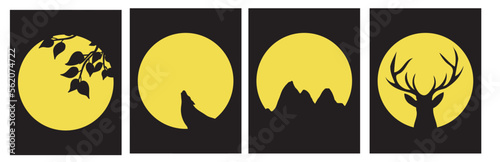Collection of artistic abstractions - night landscapes: silhouette of a wolf, tree branches, deer and mountains and the moon on a black background