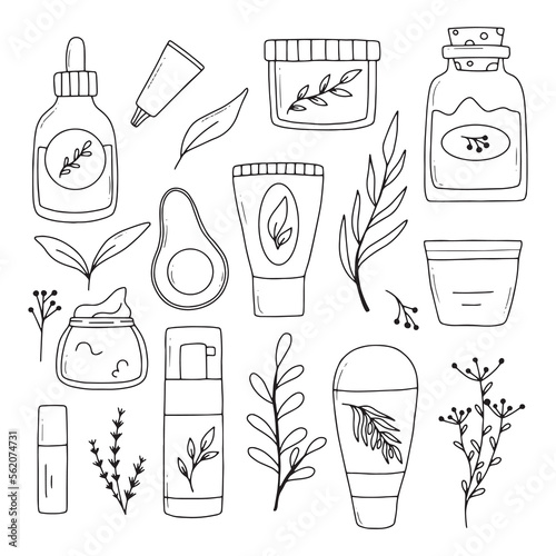 Set of natural cosmetics. Collection of organic cosmetics for skin care. Herbal cosmetics. Vector illustration. Doodle style.