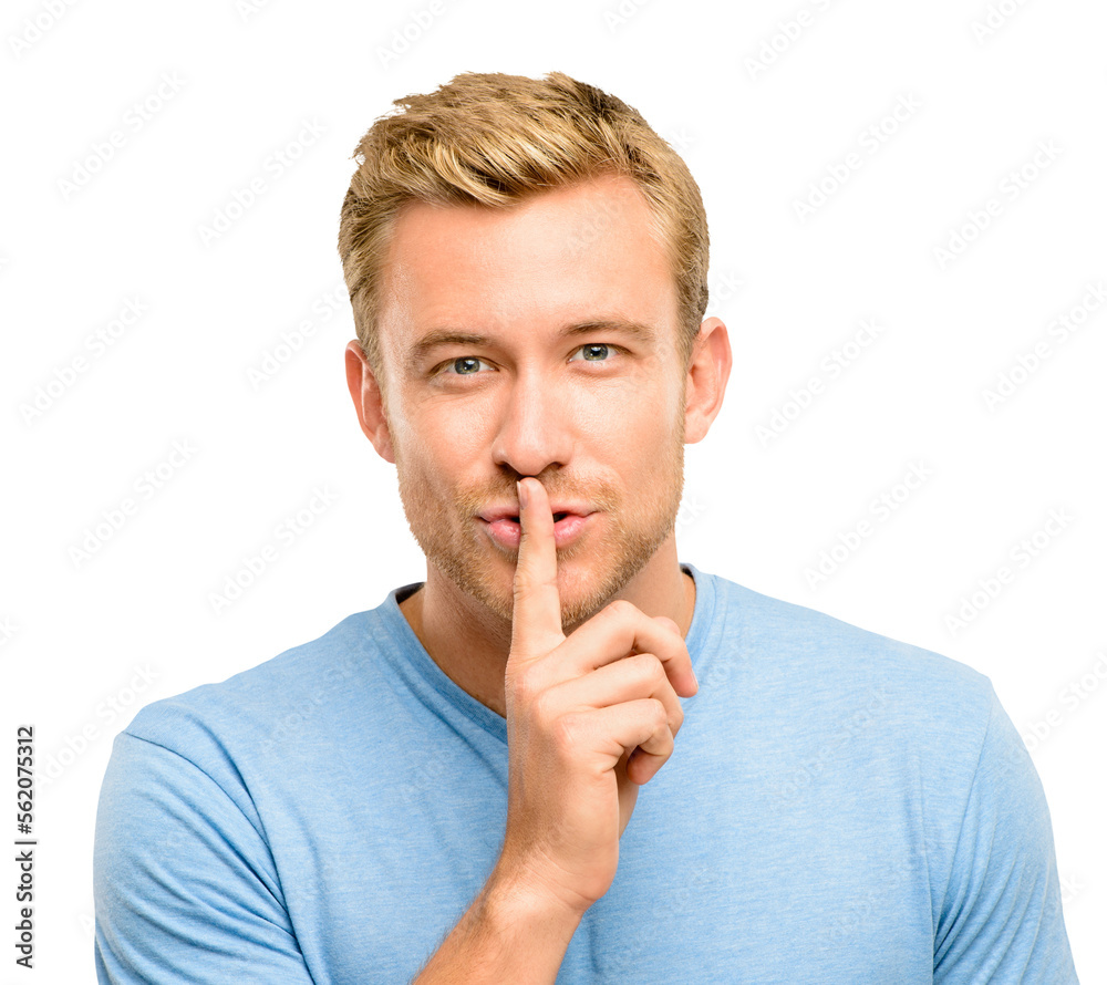 A handsome young man standing alone in the studio with his finger on his lips isolated on a PNG background. A handsome young man standing alone in the studio with his finger on his lips isolated on a PNG background.