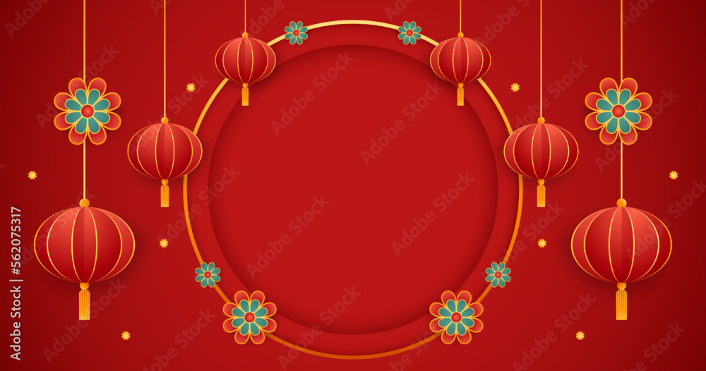 Happy Chinese new year 2023. Chinese new year banner with circle for show product. Greeting card. China frame with lantern on red background. Happy Chinese new year 2023. Chinese new year banner with circle for show product. Greeting card. China frame with lantern on red background.
