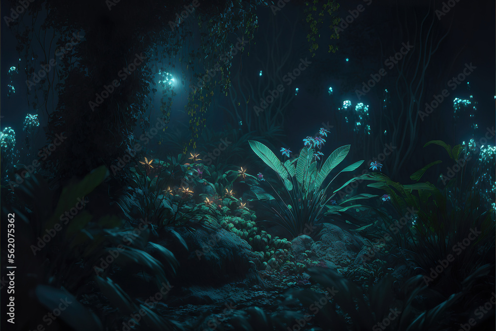 fantasy lush forest jungle night background with magical lights and foliage, generative ai 