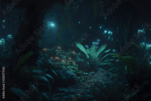 fantasy lush forest jungle night background with magical lights and foliage  generative ai 