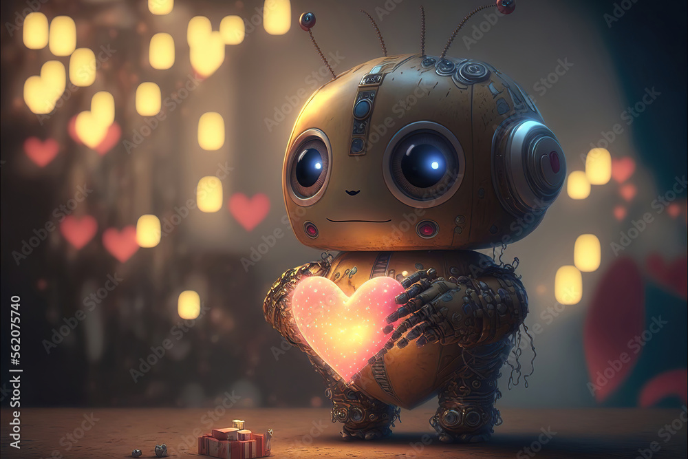 cute smiling robot android holding a glowing valentines heart, generative ai