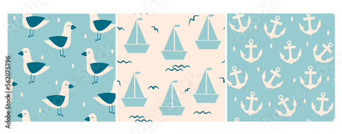 Cute lovely pastel blue and beige hand drawn set of seamless vector pattern background illustration with seagulls, boats and anchor for kids, baby shower and nursery