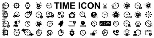 Time icon set in flat style. Timer, alarm, schedule, hourglass, clock icons. Stopwatch symbol. Web icon set. Countdown. Vector illustration