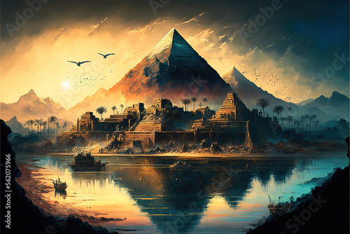 illustration of ancient magical fantasy egypt pyramid in the sunset  generative ai
