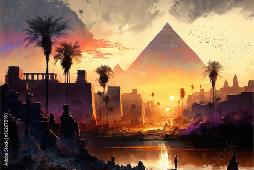 illustration of ancient magical fantasy egypt pyramid in the sunset, generative ai