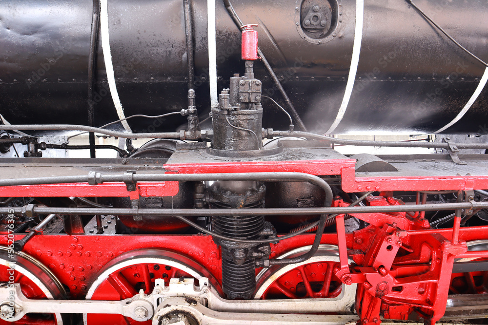 Fragment of vintage locomotive with steam powered in Kyiv, Ukraine