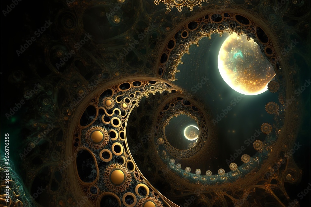 Magical fractal pattern circling endlessly into infinity, leading into a new dimension where planets are born
