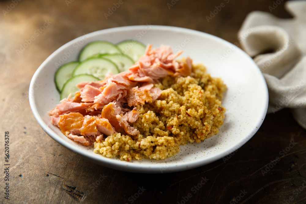 Healthy salmon bowl with spicy rice