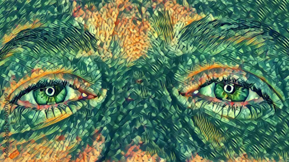 Artistic ecology conceptual animation of moving human female eyes in green foliage texture. Digital art concept