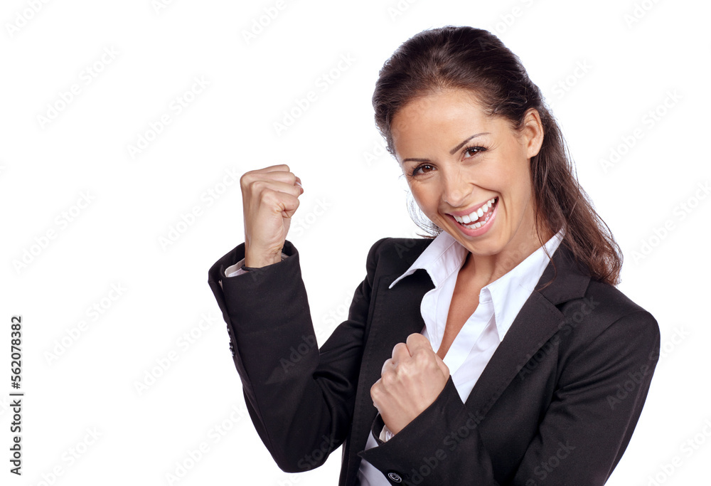 Business woman, success with fist and achievement in career, winner portrait and champion isolated on white background. Yes, corporate employee goals and mindset with fist pump and happy woman Business woman, success with fist and achievement in career, winner portrait and champion isolated on white background. Yes, corporate employee goals and mindset with fist pump and happy woman