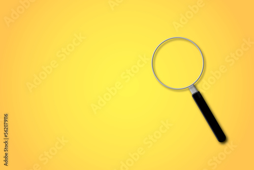 Magnifier or magnifying glass with light on yellow background. Search, discovery, research and analysis concept. shadow overlay. copy space for text. illustration of 3d paper cut design minimal style.