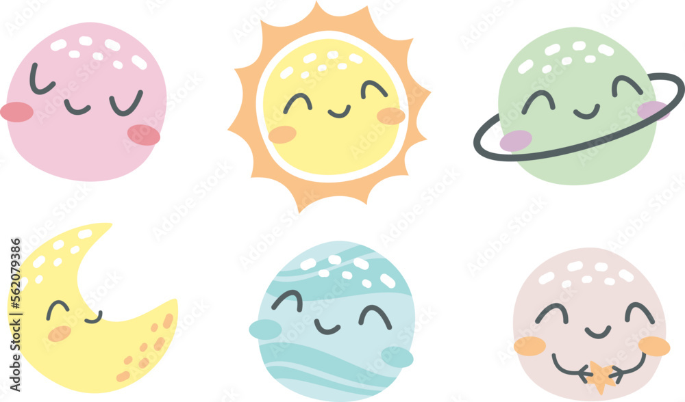 Vector collection of cute planets with faces. Moon, Mercury, Pluto, Crescent Moon. Illustrations for children's products 