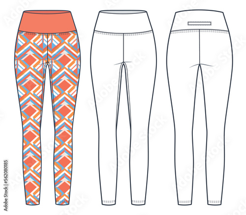 Leggings pants technical fashion illustration, geometric print design. Sports Leggings fashion flat technical drawing template, high waist, front, back view, white color, CAD mockup set.